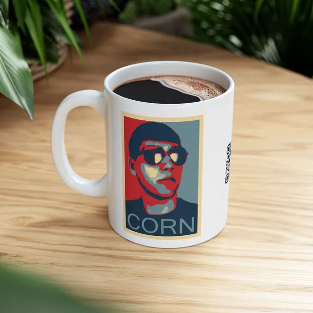 Coffee mug with the Joe CORN poster design