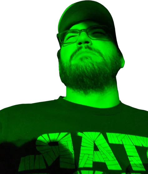Joe lit up in bright green stream lighting