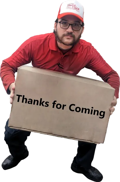 Joe holding a cardboard box that says Thanks for Coming